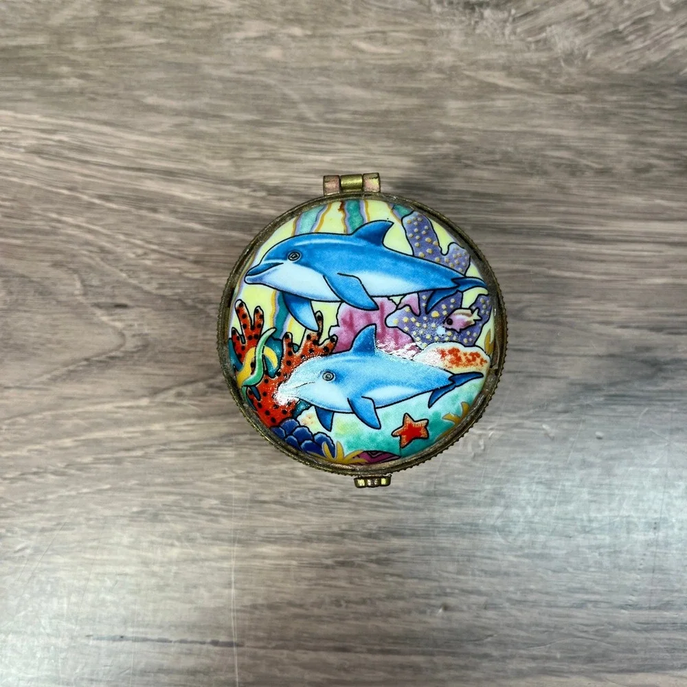 Santa Barbara Dolphin Trinket Box Small Multicolor Porcelain Coastal Souvenir 2" - Picture 5 of 8
